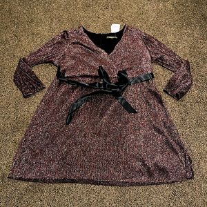 Long sleeve shimmer fit and flare dress.